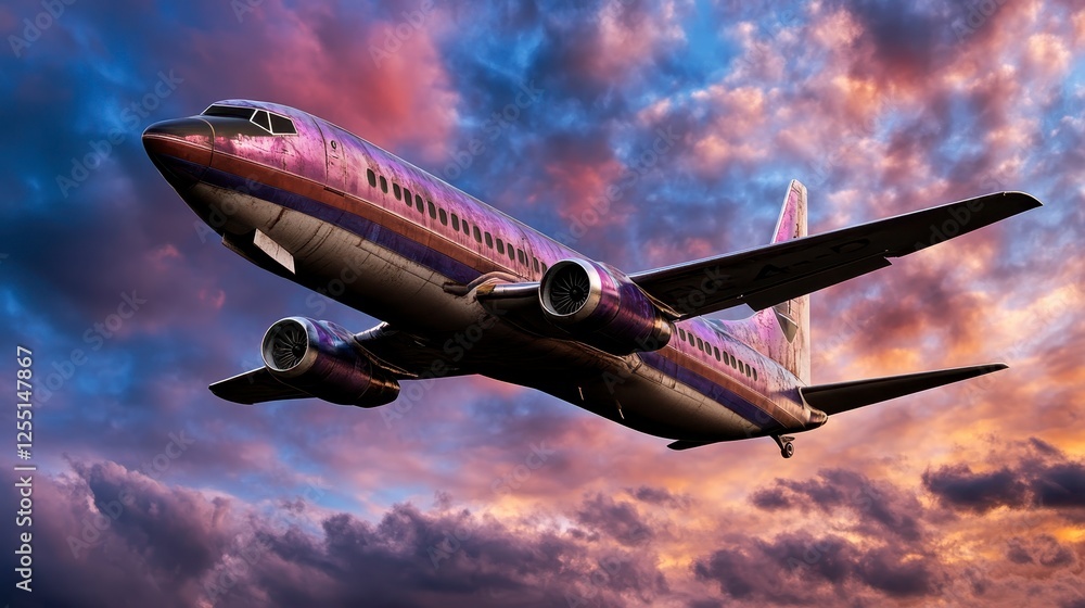 Obraz premium Pixelated aircraft, stylized with a pixel art effect, soaring through a vibrant sunset sky filled with colorful clouds