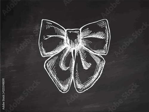 Hand drawn vintage chalk sketch of a decorative bow on blackboard