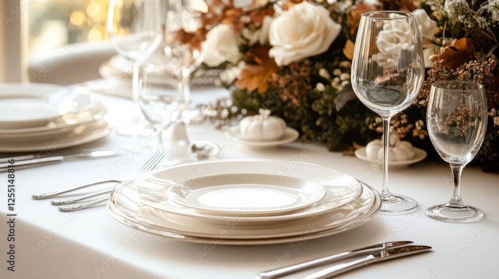A Thanksgiving table setting with white plates, elegant silverware, and autumn decorations A Thanksgiving table setting with white plates, elegant silverware, and autumn decorations