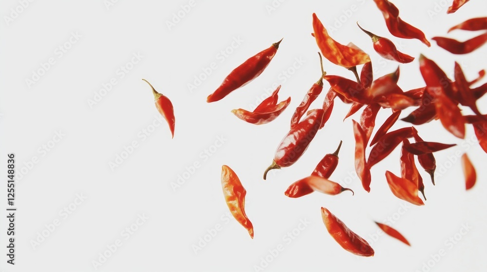 A collection of bright red hot chili peppers floats playfully in mid-air against a pure white background, capturing the essence of culinary excitement and flavor in a creative display A collection of bright red hot chili peppers floats playfully in mid-air against a pure white background, capturing the essence of culinary excitement and flavor in a creative display
