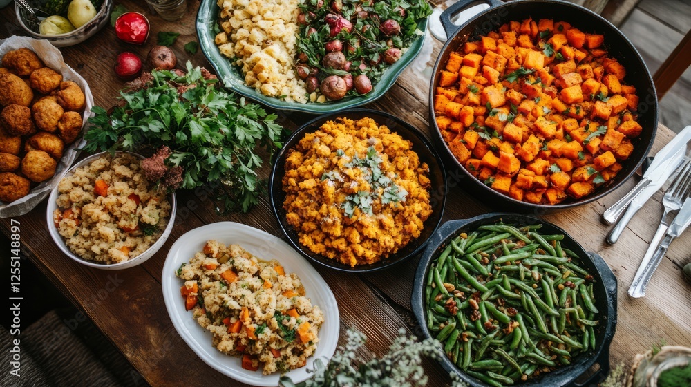 A table full of traditional Thanksgiving side dishes like green beans, sweet potatoes, and stuffing A table full of traditional Thanksgiving side dishes like green beans, sweet potatoes, and stuffing