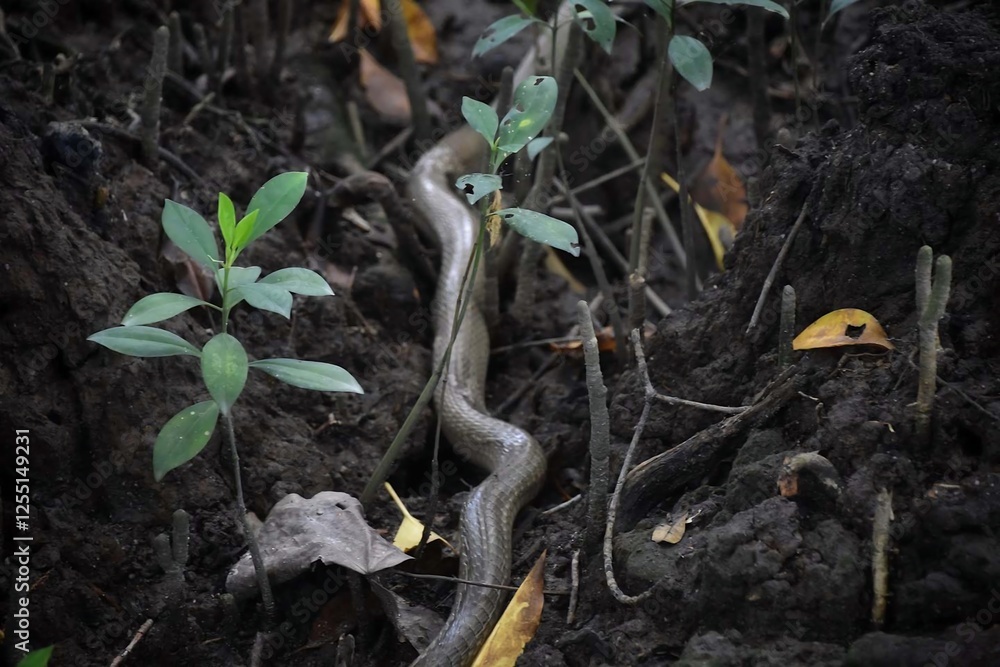 Snake Among Green Plants in a Forested Environment Snake Among Green Plants in a Forested Environment