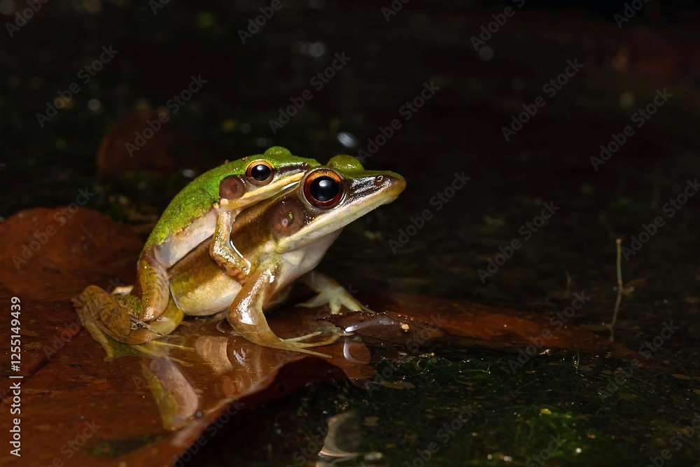 Obraz premium Frogs Pair on Leaf by Water at Night