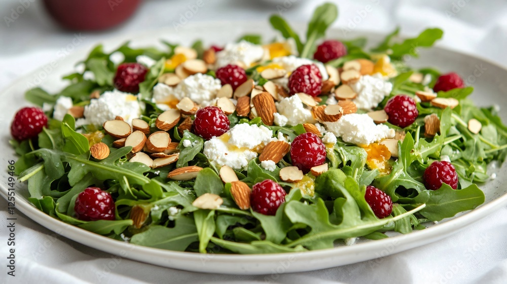 A Scandinavian-inspired Easter brunch featuring a minimalist salad with arugula, lingonberries, toasted almonds, and goat cheese, plated on a white linen cloth A Scandinavian-inspired Easter brunch featuring a minimalist salad with arugula, lingonberries, toasted almonds, and goat cheese, plated on a white linen cloth