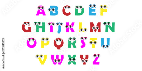 Colorful funky abc font typeface with comic faces for nursery or kindergarten kids