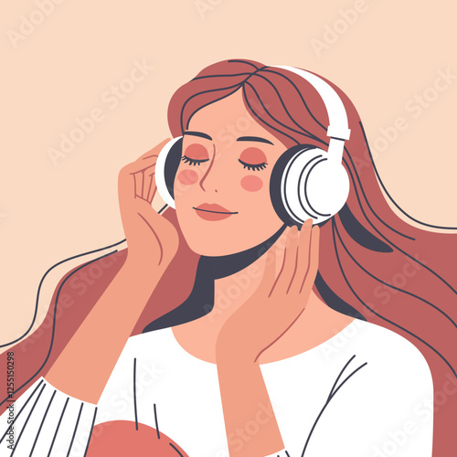 Listening to music with headphones. A woman with long hair is immersed in her music, wearing headphones. Vector illustration in a minimalistic style.