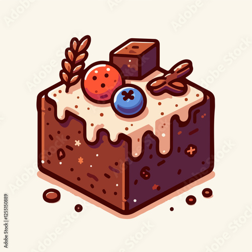 Decadent Brownie Delight: A delectable chocolate brownie, topped with creamy frosting, juicy berries, and a sprinkle of cinnamon, creates a visual feast in this vibrant illustration.  