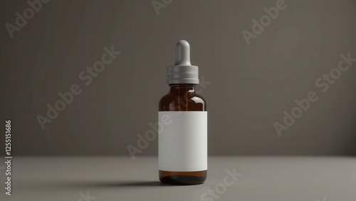 Elegant brown glass dropper bottle with sleek silver tip, holding a mysterious blank white label. Dropper poised to the left, inviting curiosity within its classic design photo