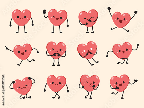 Cartoon cute heart character different poses vector set for design.