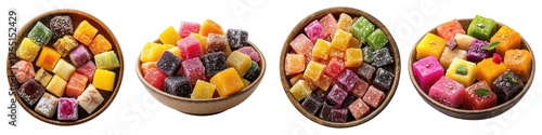 Colorful Traditional Turkish Delight Sweets Arranged in Wooden Bowls Isolated on Transparent Background