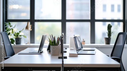 Two office desks face each other in front of a large window. Laptops, plants, and office supplies are visible on the bright white surfaces