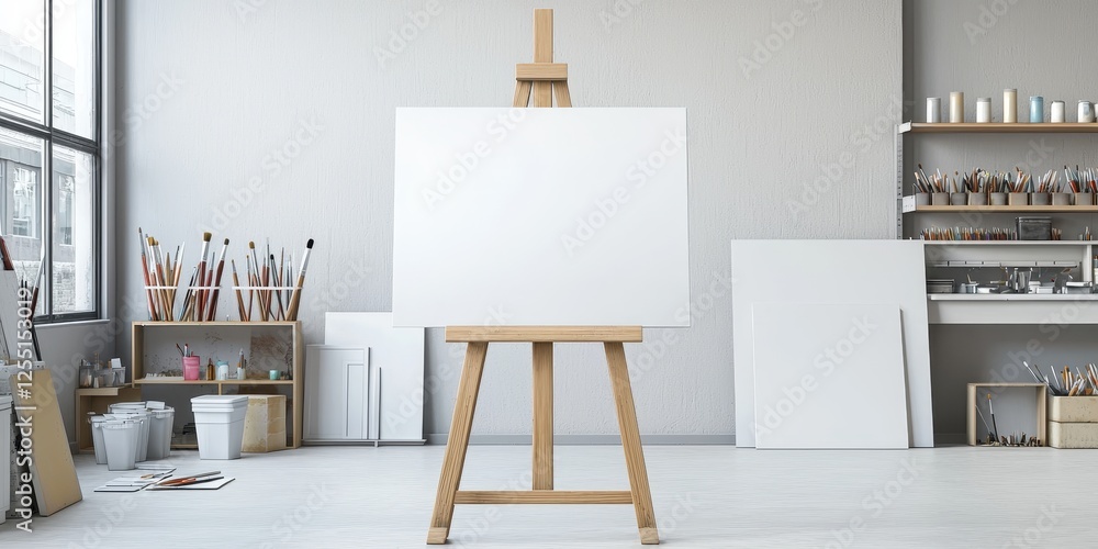 Minimalist Artist Studio with Blank Canvas and Organized Supplies Minimalist Artist Studio with Blank Canvas and Organized Supplies