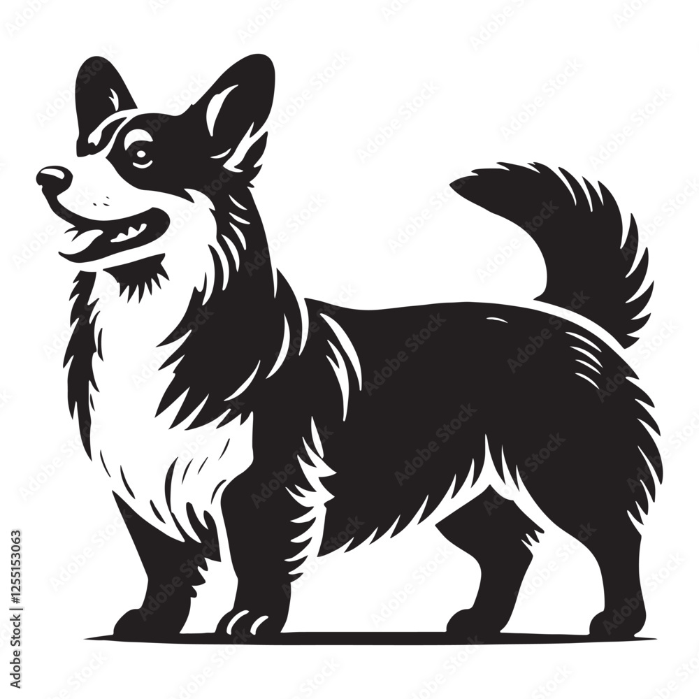 Fototapeta premium Well-defined Corgi silhouette showcasing its fluffy tail - Corgi illustration - minimal Corgi vector - dog silhouette 