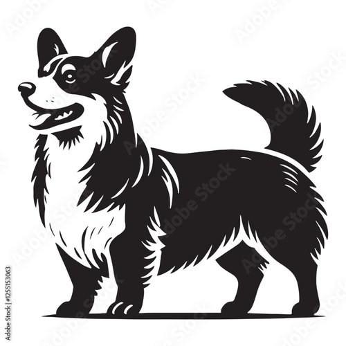 Well-defined Corgi silhouette showcasing its fluffy tail - Corgi illustration - minimal Corgi vector - dog silhouette
