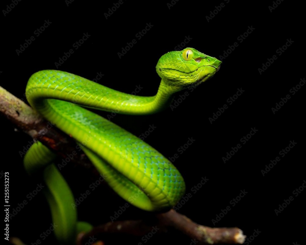 Obraz premium Green Snake Curled on Branch in Dark Environment