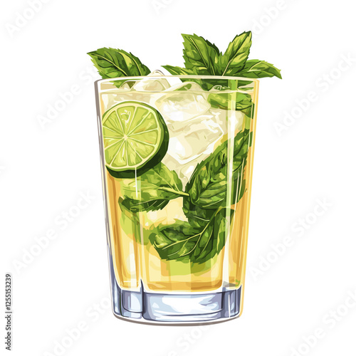 Vector cartoon flat illustration of isolated Classic Mojito cocktail. glass of fresh Mojitos with lime, mint and ice on white background. Classic alcohol cocktails summer party drink mocktail