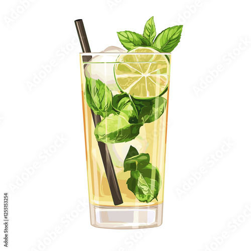 Vector cartoon flat illustration of isolated Classic Mojito cocktail. glass of fresh Mojitos with lime, mint and ice on white background. Classic alcohol cocktails summer party drink mocktail