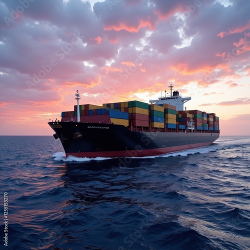 Elegant medium-sized container ship glides through blue seas, featuring a sleek black hull accented by a bold red stripe. Multiple cargo containers are neatly stacked atop, symbolizing global connecti photo