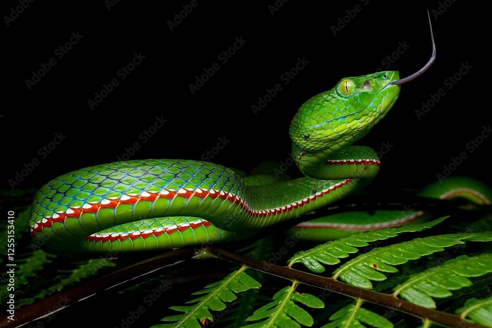 Vibrant Green Snake on Fern Leaves in Dark Environment Vibrant Green Snake on Fern Leaves in Dark Environment