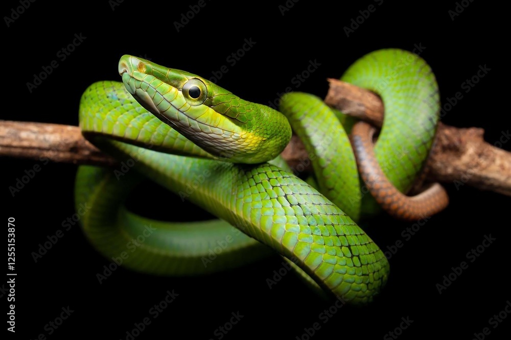 Obraz premium Vibrant Green Snake on Branch with Dark Background
