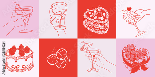 Ink minimal hand drawn line art illustrations of cakes, drinks, and desserts, including glasses with cherries, heart-shaped cakes, sundaes, and strawberries, perfect for celebration and sweet-themed