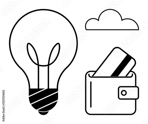 Light bulb symbolizing ideas, wallet with credit card indicating commerce, cloud representing technology. Ideal for business ideas, finance, innovation, e-commerce, cloud computing, fintech online