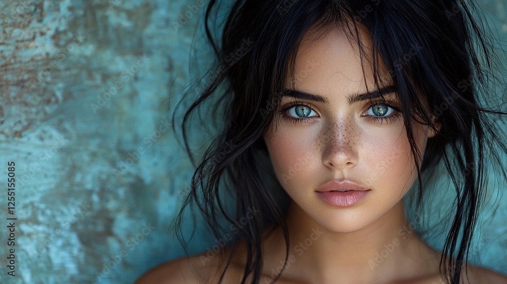 Close-up portrait of a young woman with blue eyes and freckles. Close-up portrait of a young woman with blue eyes and freckles.