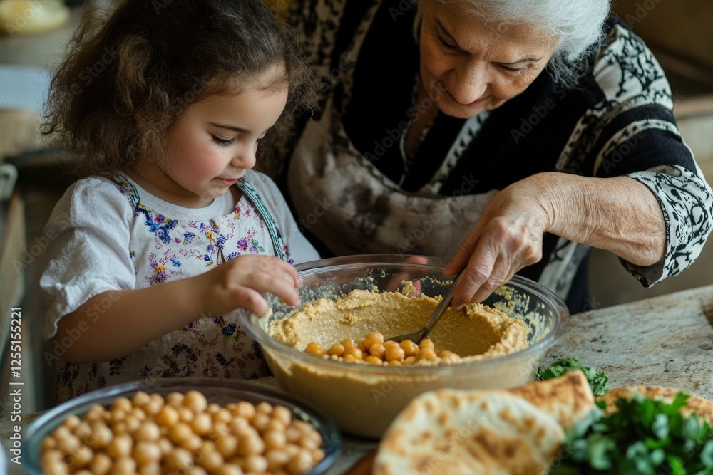 Elderly Woman and Child Making Hummus in Cozy Kitchen Setting Elderly Woman and Child Making Hummus in Cozy Kitchen Setting