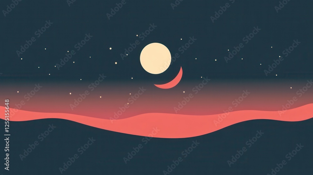 Fototapeta premium Stylized celestial design with moon crescent and starlit horizon