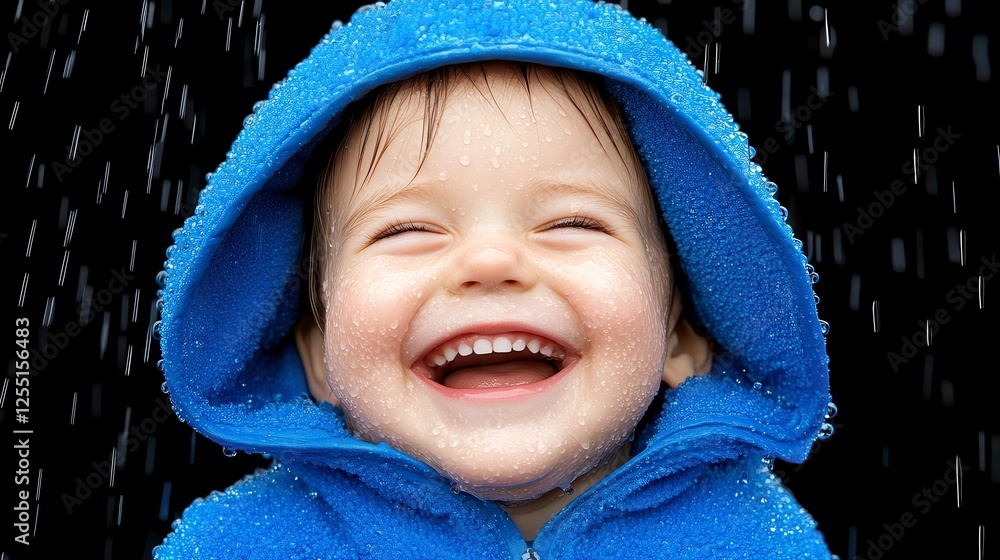 Close up of a child laughing, wearing a blue hooded jacket, under a shower of rain. The child's face is wet and has a cheerful expression. Dark Close up of a child laughing, wearing a blue hooded jacket, under a shower of rain. The child's face is wet and has a cheerful expression. Dark