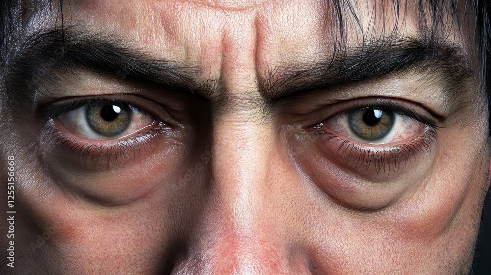 Fototapeta premium Close up portrait of a man's face, focusing on his eyes and forehead. The skin texture is detailed, showing fine lines and pores. The eyes are a