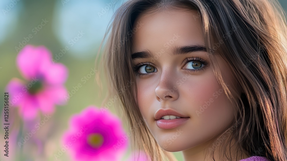 Close up portrait of a young woman with light brown hair and freckles, green eyes, and a soft pink blush on her cheeks. She is looking directly at