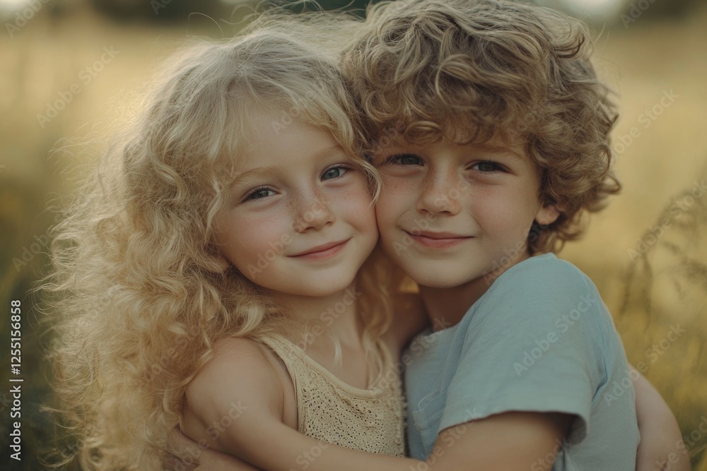 Smiling blond siblings with blue eyes hugging and looking at the camera. Smiling blond siblings with blue eyes hugging and looking at the camera.