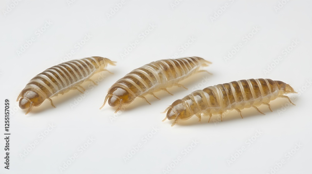 Three pill bugs displayed on a bright white surface Three pill bugs displayed on a bright white surface