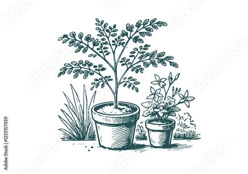 Moringa plant hand drawn sketch vector