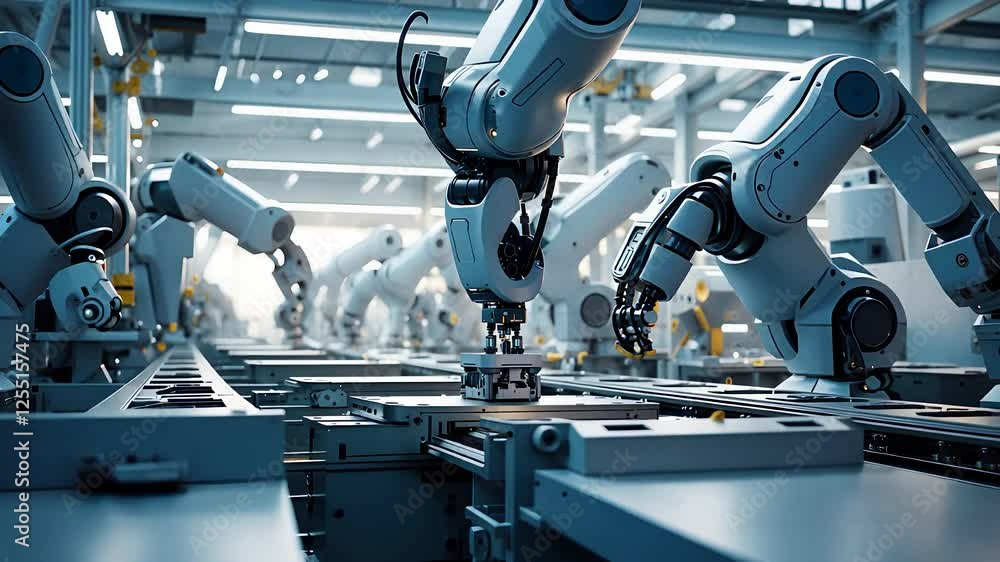 Automated Robotic Arms Working on an Assembly Line in a High-Tech Industrial Manufacturing Facility with Precision Engineering
Automated Robotic Arms Working on an Assembly Line in a High-Tech Industrial Manufacturing Facility with Precision Engineering