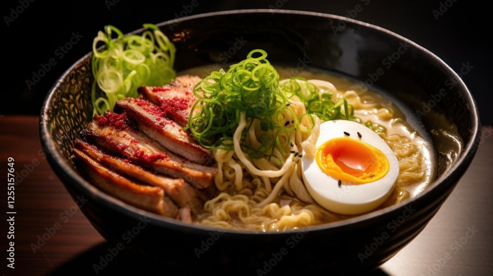 Exquisite ramen bowl with pork belly, egg and scallions on dark table Exquisite ramen bowl with pork belly, egg and scallions on dark table