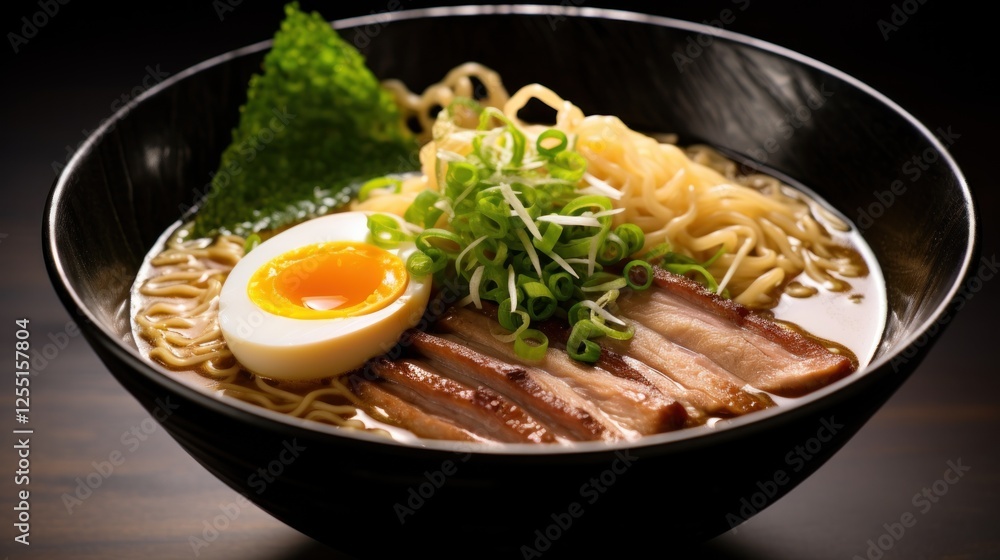 Authentic ramen bowl features savory pork, vibrant scallions, and egg Authentic ramen bowl features savory pork, vibrant scallions, and egg
