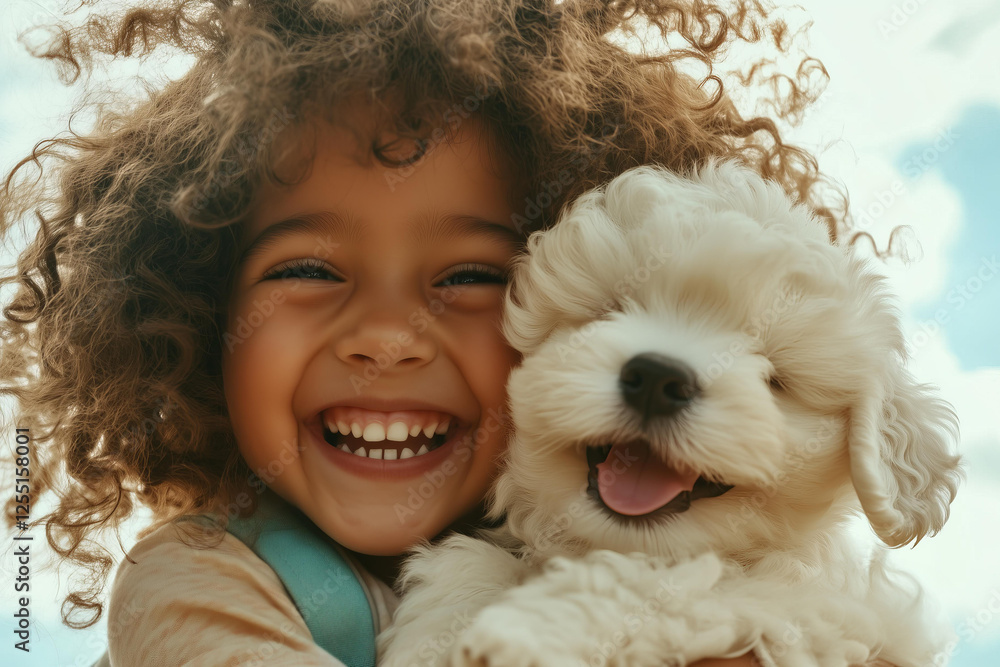 closeup photo of a joyful curly-haired child laughing while holding an adorable fluffy white puppy. The child's expressive happiness and the dog's playful energy closeup photo of a joyful curly-haired child laughing while holding an adorable fluffy white puppy. The child's expressive happiness and the dog's playful energy