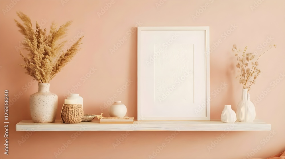 A pastel peach accent wall with a floating shelf, cozy decor, and a white frame. A pastel peach accent wall with a floating shelf, cozy decor, and a white frame.