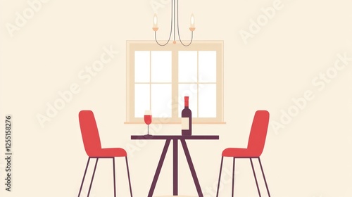 Interior, dining room, two red chairs, table with wine, peaceful scene, illustration, suitable for online magazine or social media photo