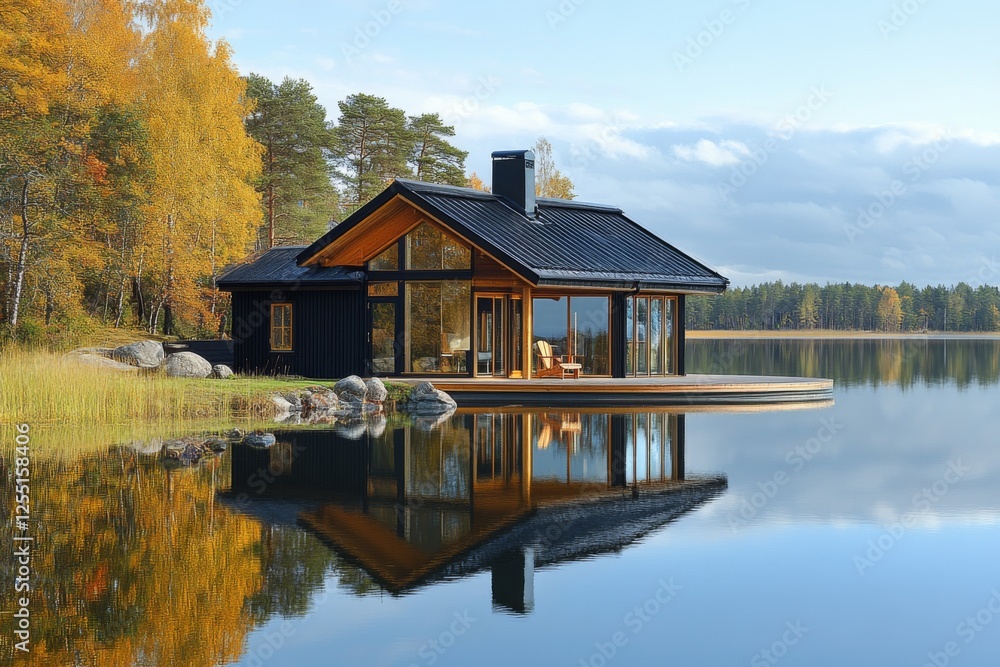 Fototapeta premium Serene lakeside cabin surrounded by autumn trees and reflections in water