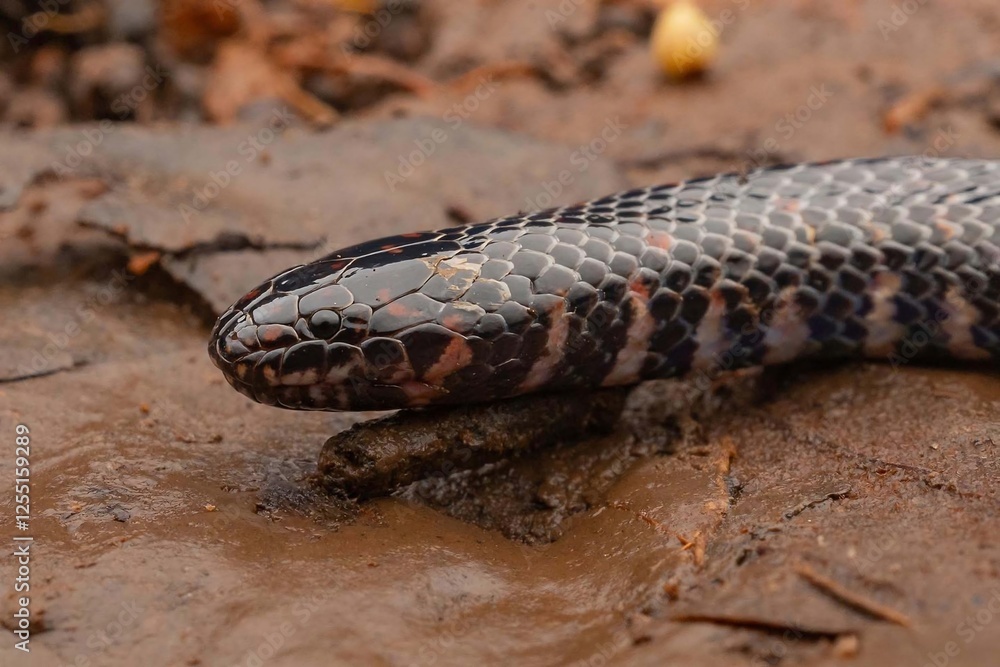 Close-up of a Black Snake on Wet Soil Close-up of a Black Snake on Wet Soil