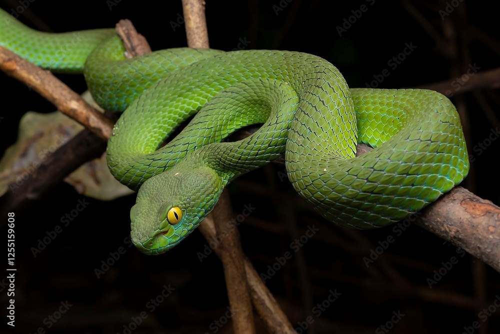 Obraz premium Green Snake Coiled on a Branch in the Wild