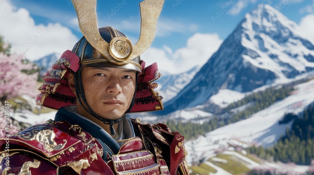 Obraz premium A person in ornate headgear and protective clothing, set against a backdrop of snow capped mountains and blooming trees in spring. The lighting is