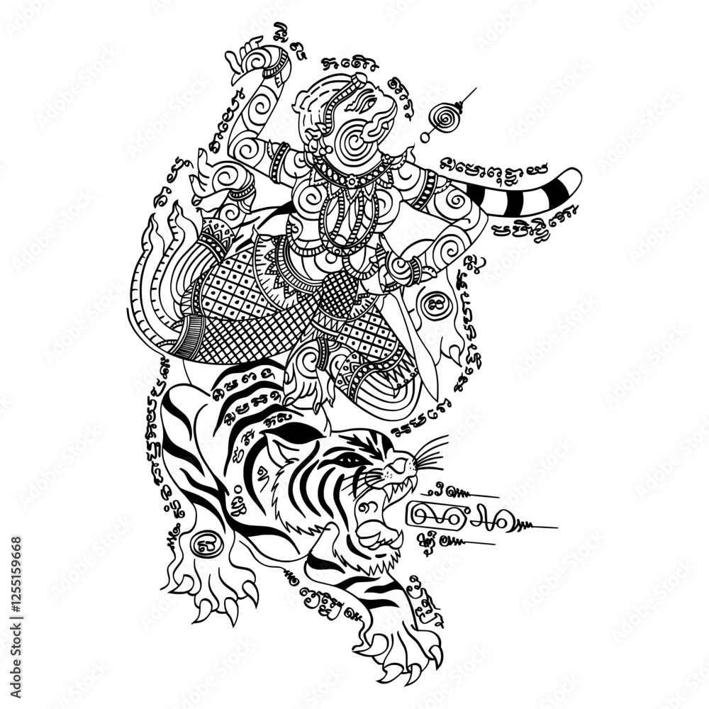Fototapeta premium Thai traditional tattoo, Hanuman ride atiger (Hanman Kee Sueu). The meaning is believed to enhance power, prestige, courage, intelligence, protect against dangers, and bring success.