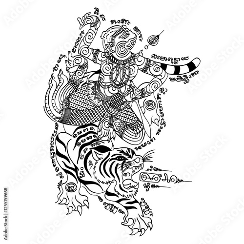 Thai traditional tattoo, Hanuman ride atiger (Hanman Kee Sueu). The meaning is believed to enhance power, prestige, courage, intelligence, protect against dangers, and bring success.