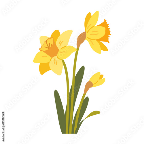 Yellow flat daffodil on white background. Spring flower narcissus. Vector isolated icon