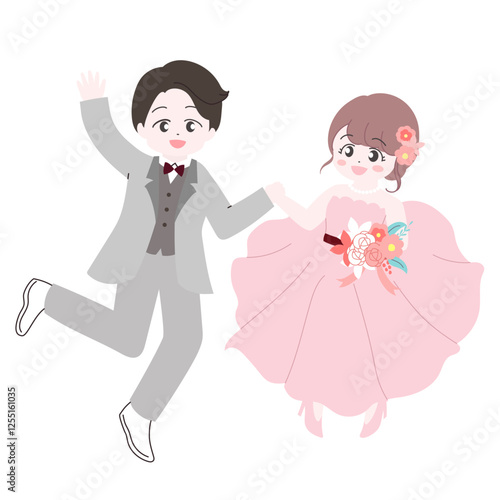 かわいい花嫁と花婿のイラスト　笑顔で手を繋いでジャンプしている全身イラスト