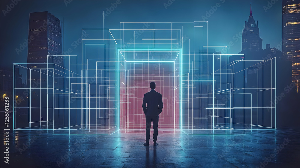 Man facing digital city gateway Man facing digital city gateway
